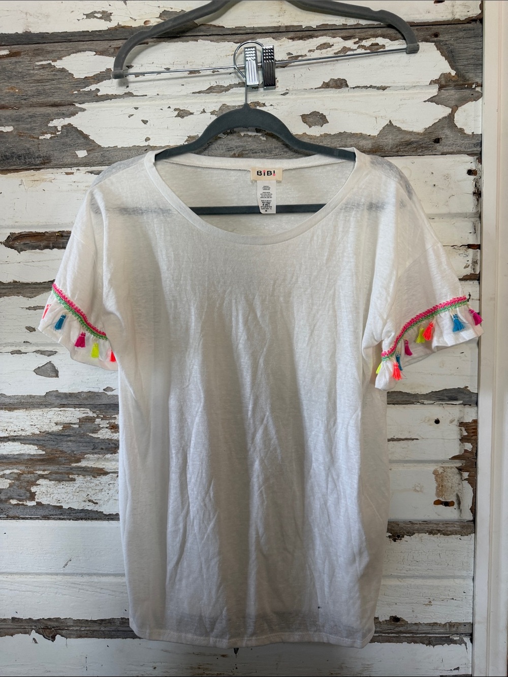BiBi White Short Sleeve Tee with Neon Tassel Sleeve Trim